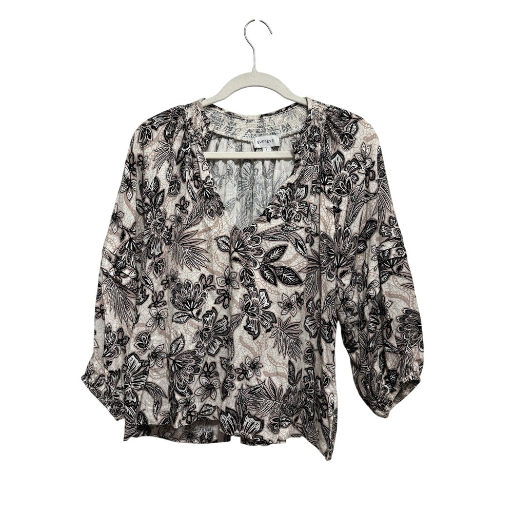 Evereve Jovi Floral Split Neck Blouse S Black White Boho Peasant Cottagecore‎